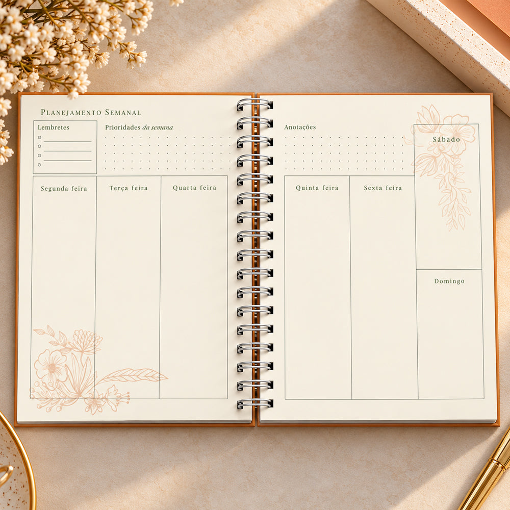Planner Contando os Meus Dias | Capa Dourada Floral